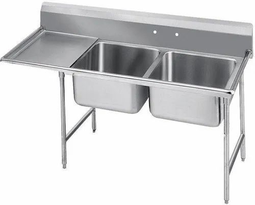 Grey Stainless Steel Double Sink Unit For Hotel, Canteen And Hospital Use