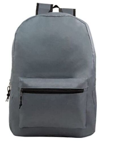 Grey Zipper Closure Plain Dyed Polyester Backpack With Adjustable Straps