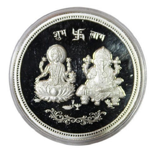 2.1 इंच गोल रस्ट प्रूफ नक्काशीदार गणेश और लक्ष्मी सिल्वर कॉइन