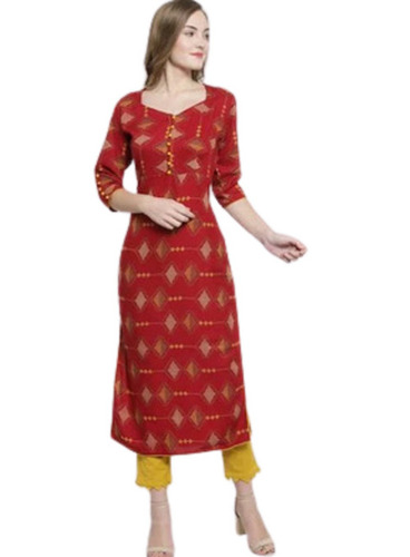 3/4th Sleeves Casual Wear Unfadable Anti Wrinkle Rayon Printed Kurti