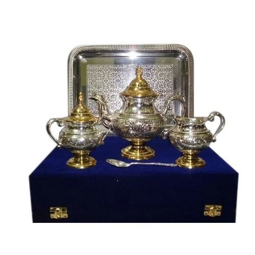 Silver And Golden 5X2X5 Inches Polish Finish Stainless Steel Antique Tea Set