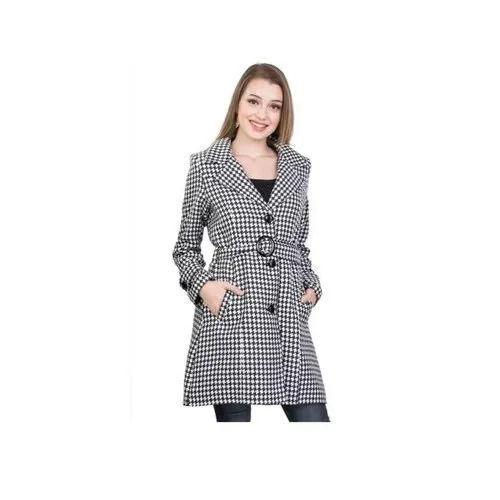 Red Casual Wear Women Black And White Full Sleeve Check Woolen Coat