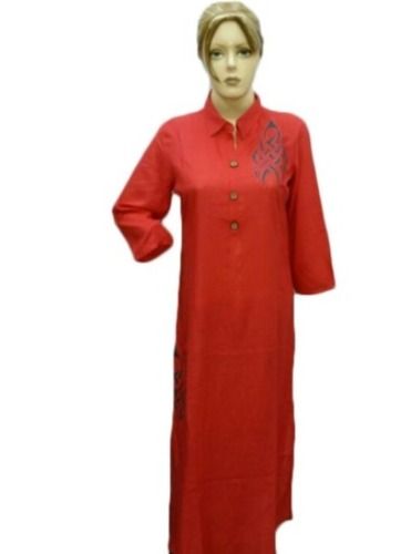 46Inches Long Washable Simple Plain Pattern Ladies Cotton Long Kurti  Bust Size: 36 Inch (In)