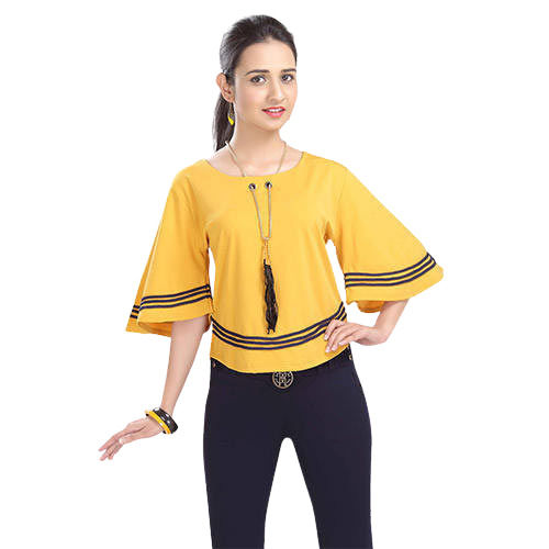 Yellow Round Neck Breathable Casual Wear Plain Cotton Designer Top 