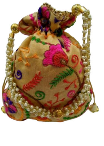 Multicolor 7X9 Inch Light Weight Hand Length Handle Embroidered Silk Pouch