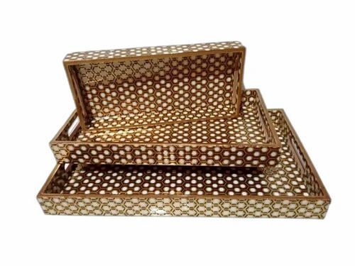 Rectangular Shape Wooden Serving Tray Set For Home Use