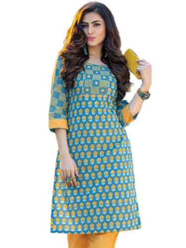 Round Neck 3/4Th Sleeves Soft And Comfortable Rayon Printed Kurti Bust Size: 32 To 36 Inch (In)