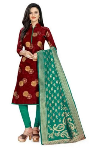 Dark Maroon Full Sleeve Printed Party Wear Banarasi Cotton Suit For Ladies