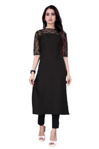 Black 3/4Th Sleeves Round Neck Straight Plain Crepe And Net Kurti For Ladies 