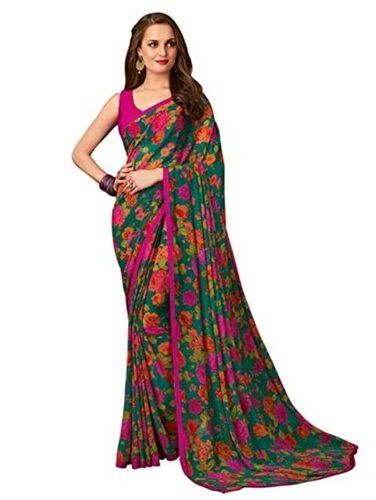 Multicolor Comfortable Daily Wear Floral Printed Chiffon Saree With Blouse Piece