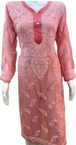 Red Light Weight Long Sleeves Straight Style Georgette Chikan Kurti