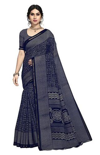 Navy Blue Party Wear Soft Hypoallergenic Printed Cotton Saree With Blouse Piece