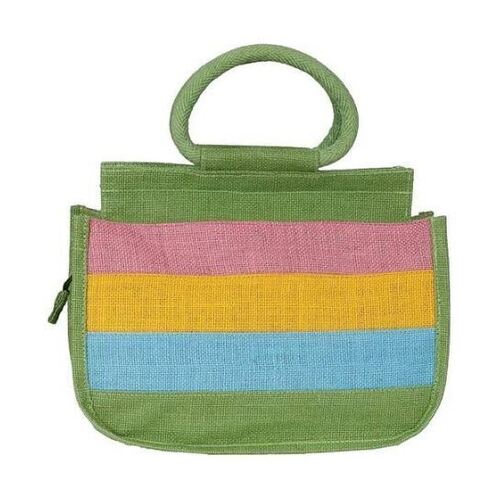 Multicolor 14X10X3 Inches Striped Pattern Hand Length Handle Jute Bag