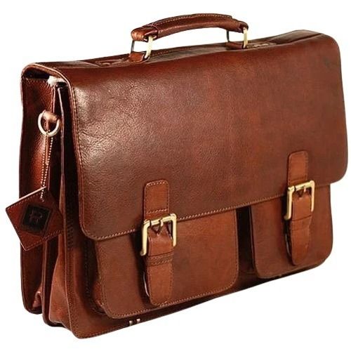 Brown 16X12X5 Inches Button And Zipper Closure Plain Leather Office Bag