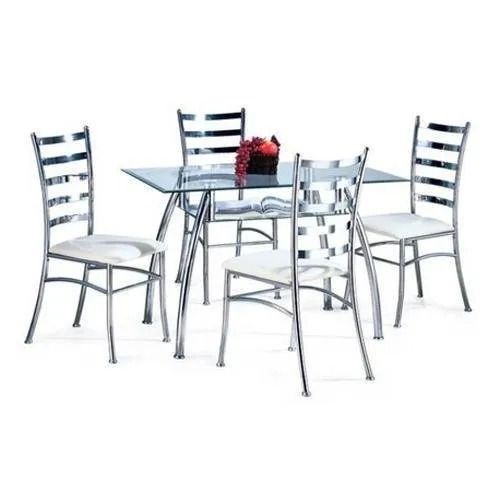  चार कुर्सियों के साथ 4x2.5 फीट ग्लास और स्टेनलेस स्टील डाइनिंग टेबल 