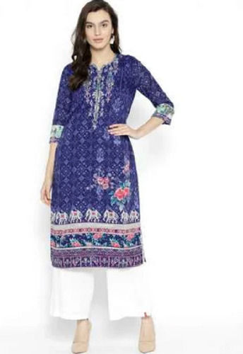 Casual Wear Regular Fit 3/4Th Sleeve V-Neck Printed Cotton Kurtis For Ladies Bust Size: 32 Inch (In)