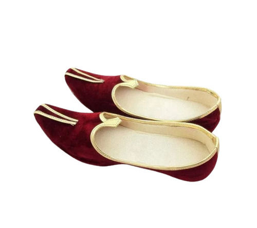 Red Designer Party Wear Flat Heel Velvet And Rubber Mojaris For Mens 