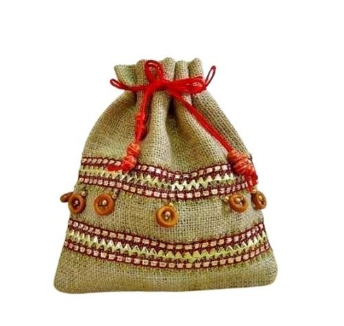 Eco Friendly Flexiloop Handle Embroidered Jute Pouch Bags