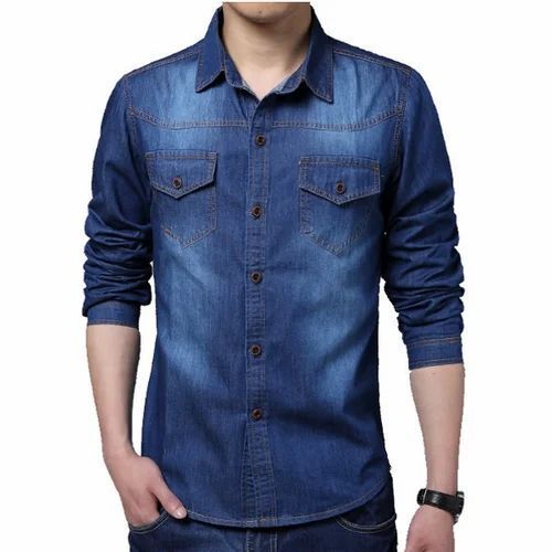 Full Sleeve Casual Mens Straight Plain Blue Denim Shirt