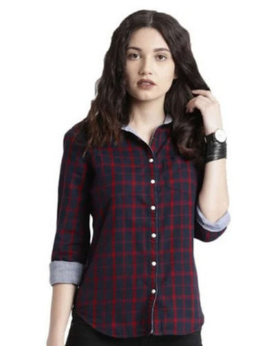 Full Sleeves Button Closure Cotton Check Shirt For Ladies