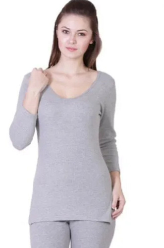 Grey Scoop Neck Long Sleeeves Plain Cotton Thermal Wear Sets For