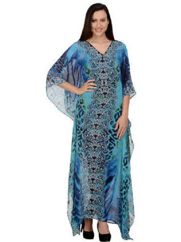 Blue Short Long Sleeve V-Neck Georgette Printed Modern Casual Wear Ladies Kaftans