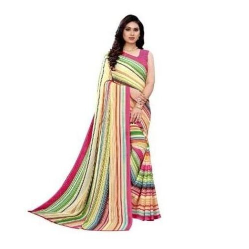 Multi Color Casual Wear Bollywood Style Stripped Georgette Saree With Blouse Piece