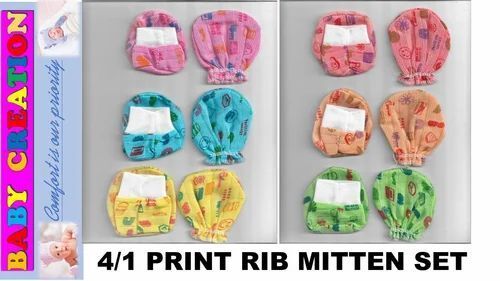 Hand Wash Care Printed Rib Mitten Set For Newly Born