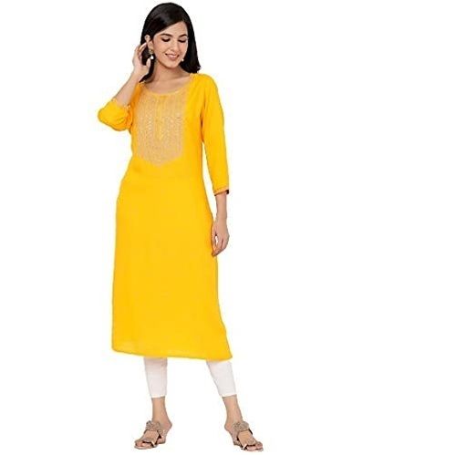 Yellow Ladies Modern Breathable Comfortable And Washable Embroidered Cotton Kurtis