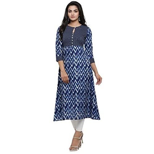 Blue Round Neck Printed Pattern Casual Cotton Kurti For Ladies