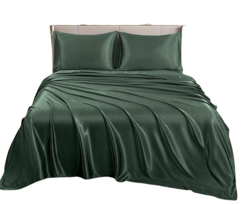 Green 112 Cm Queen Size Quick Dry Plain Dyed Satin Bed Sheet With Two Pillow Cover 