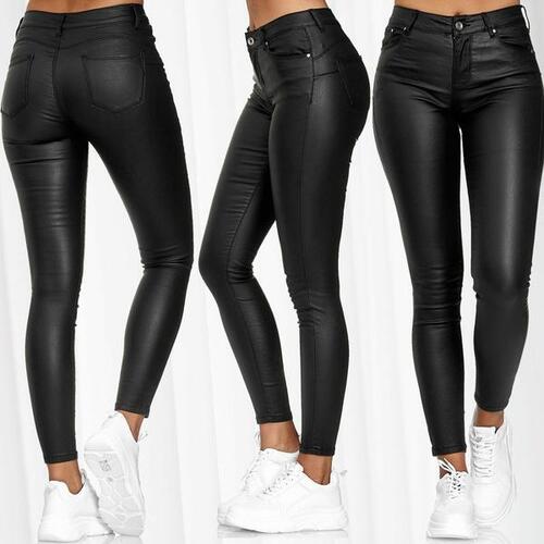 Black Ladies Skinny Fit Leather Jeans For Casual Wear at Best