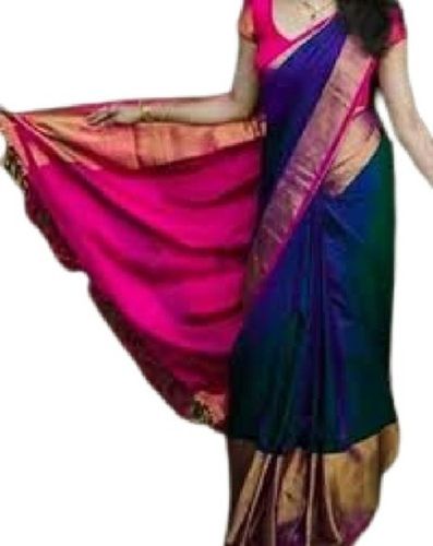 Pink With Navy Blue Ladies Plain Pattern Designer Wear Silk Saree