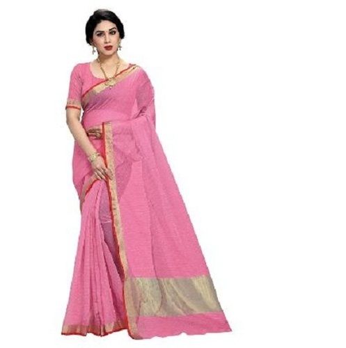 Party Wear Breathable Lightweight And Comfortable Cotton With Chiffon Pink Saree