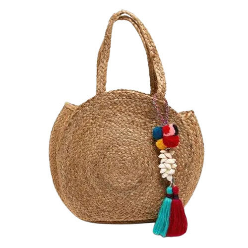 Eco Friendly Embroidered Hand Length Handle Round Jute Fancy Bag