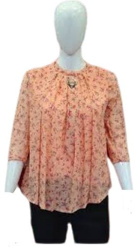 Light Orange Ladies Comfortable Causal Wear Round Neck 3-4Th Sleeves Printed Georgette Tops