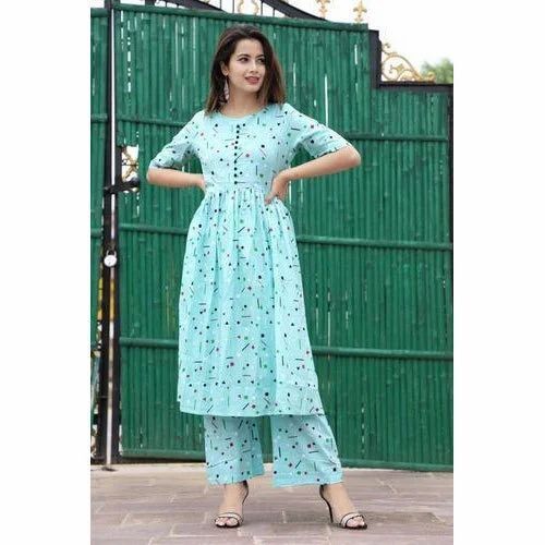 Ladies Plain Cotton Long Length Short Sleeves Kurti For Casual Wear