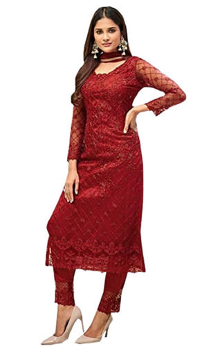 Party Wear Full Sleeve Round Neck Embroidered Designer Net Suit 