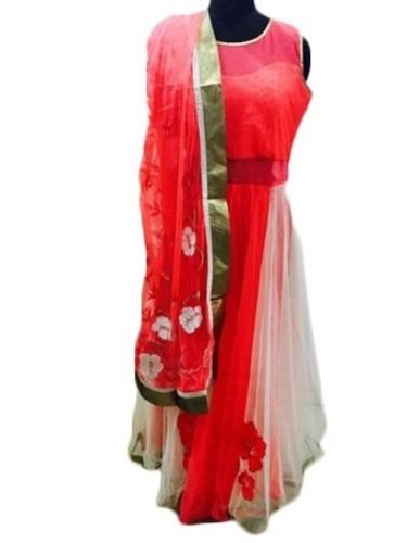 Red And White Round Neck Sleeveless Breathable Party Wear Plain Net Anarkali Suit 