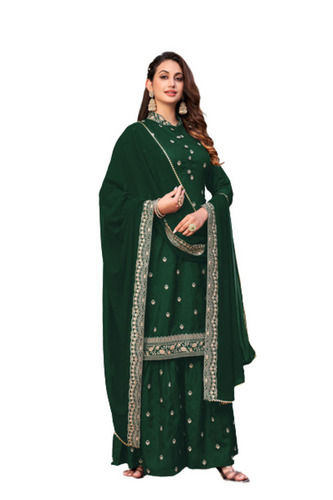 Green Skin Friendly Party Wear Full Sleeve Embroidered Cotton Silk Palazzo Suit 