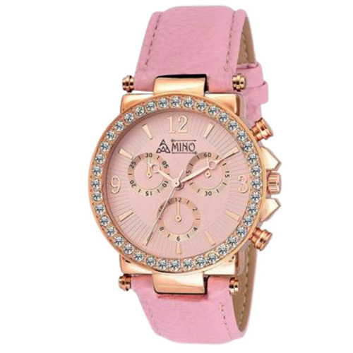 Pink And Golden Synthetic Leather Strap Round Dial 260 Grams Wrist Watch For Ladies