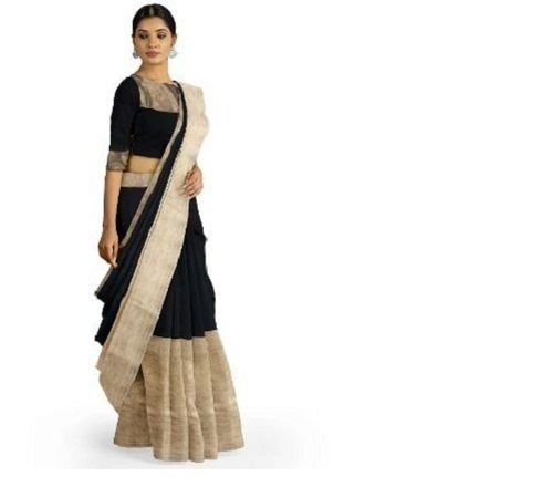 Black Ladies Bolywood Style Striped Border Thread Work Cotton Sarees