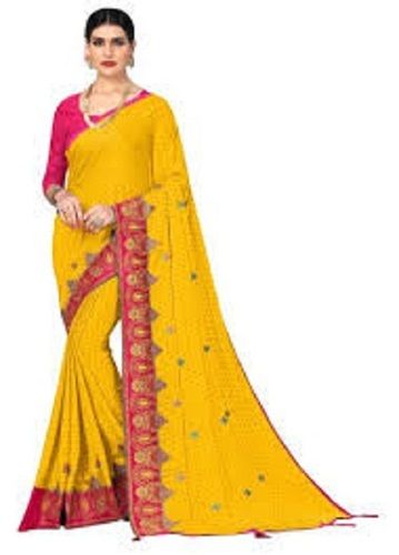 Yellow Multi Color Jacquard Brocade Butta Saree For Ladies With Attached Blouse Piece