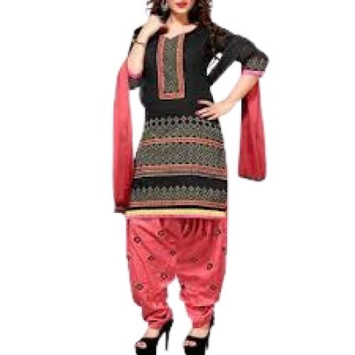 Black With Pink Printed Pattern Sequins 3-4Th Sleeve Style Cotton Womens Salwar Suits