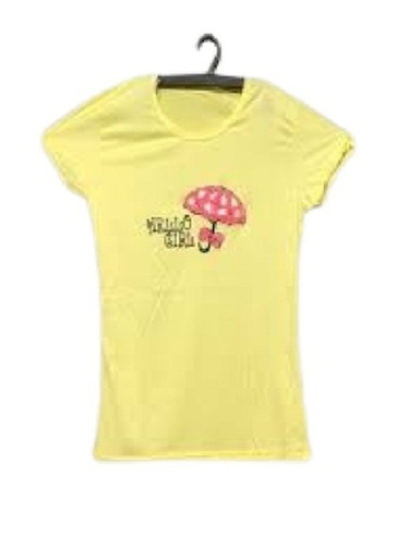 Yellow With Pink Stylish Printed Round Neck Short Sleeves Casual Wear Cotton Womens T Shirts