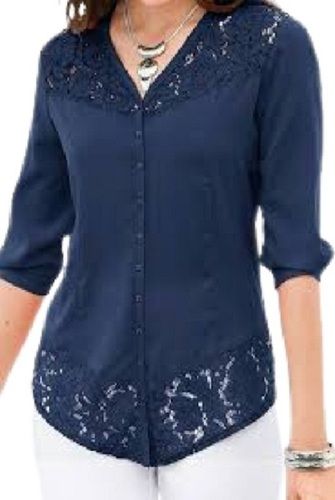 Navy Blue Women Plain Patterned Summer Season Fancy Sequined Closure Designer Top