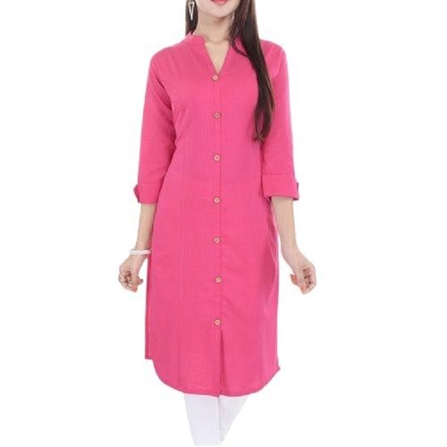 Pink 3-4Th Sleeves Style Ladies Plain Casual Wear Breathable Cotton Kurti Suitable For Summer Winter And Rainy Seasons