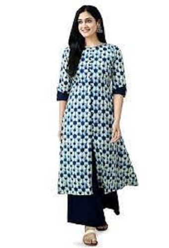 Blue Casual Wear Comfortable Breathable Round Neck Printed Cotton Kurti For Ladies