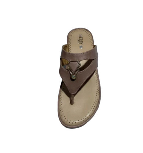 Brown Casual Wear Lightweight Leather And Rubber Flat Heel Slip-On Sandals For Ladies