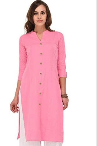 Green Ladies 3/4Th Sleeves Plain Cotton Kurti For Casual Wear